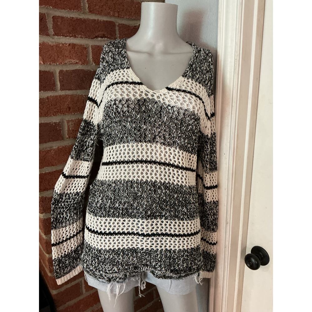 Ruby Rd Open Knit Striped Sweater | Black & White Beach Cover Up | Size Large